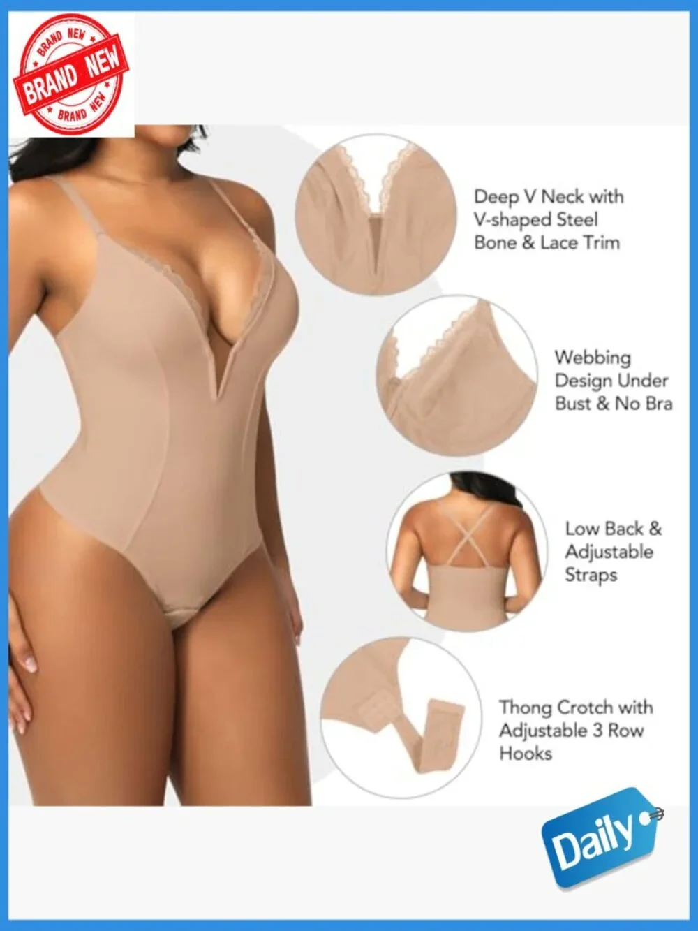 Deep V Neck Bodysuit Tummy Control Shapewear Thong Camisole
